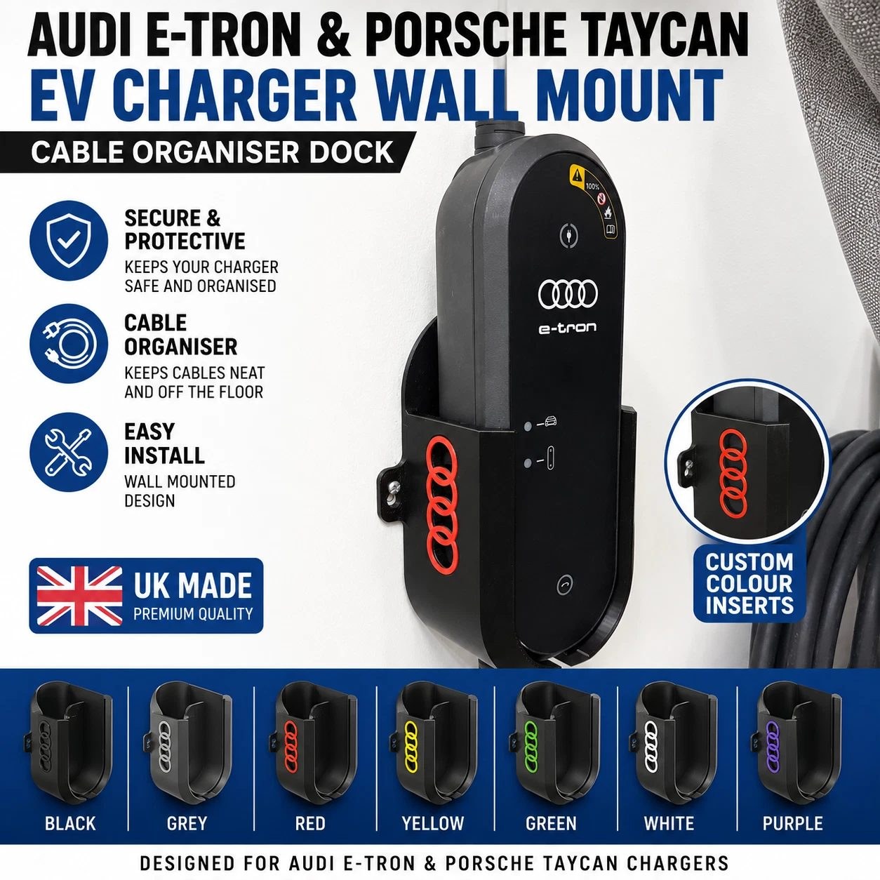 Audi E-Tron & Porsche Taycan EV Charger Wall Mount Holder Dock Cable Organiser