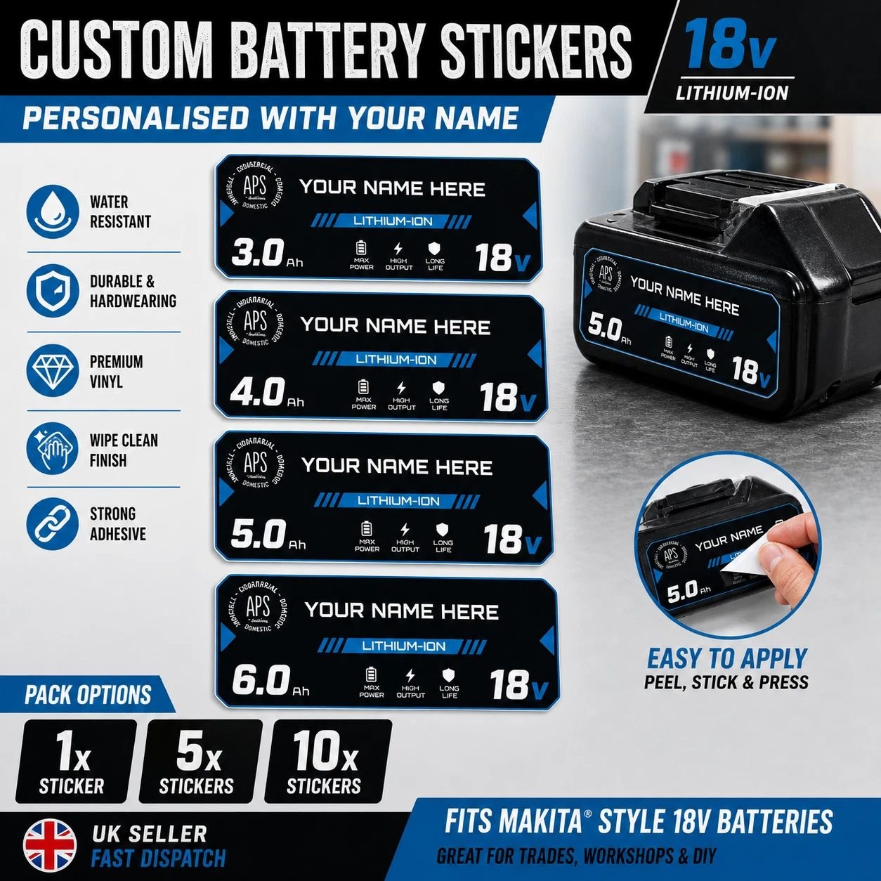 Custom Makita Style Battery Sticker 18V 3Ah 4Ah 5Ah 6Ah Personalised Name Logo