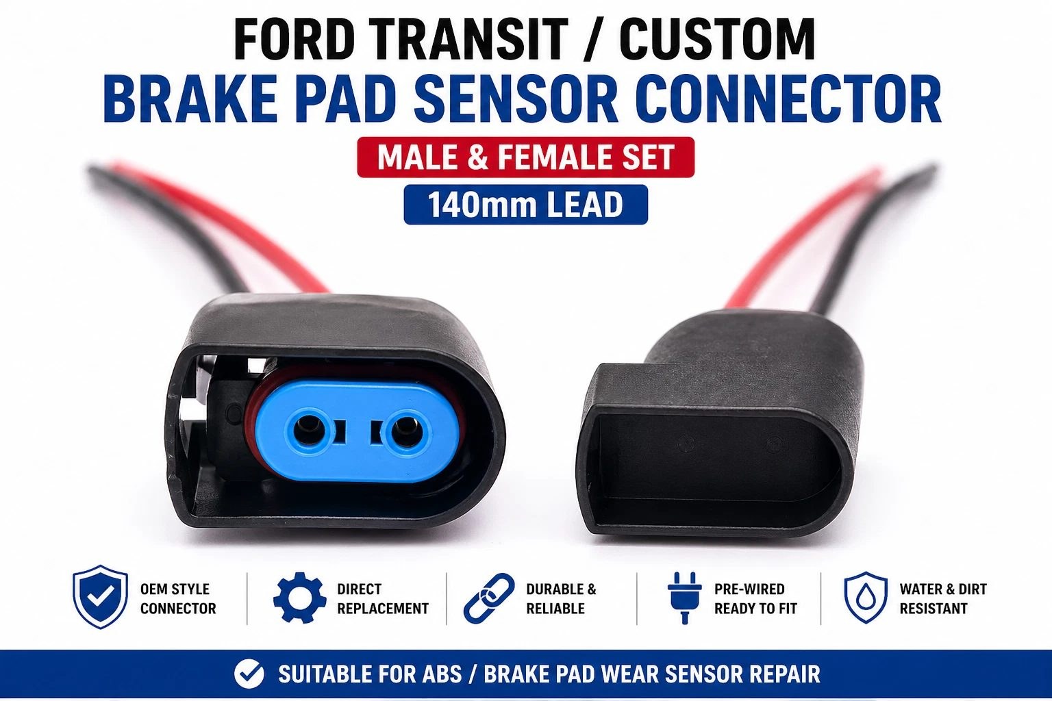 Ford Transit Brake Pad Wear Sensor Repair Kit 140mm Cable ABS Plug