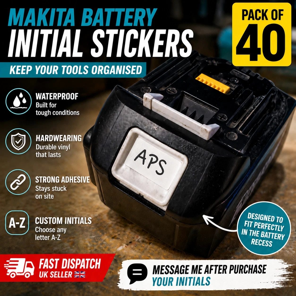 Makita Battery Initial Stickers x40 Custom Vinyl Tool Labels Hardwearing