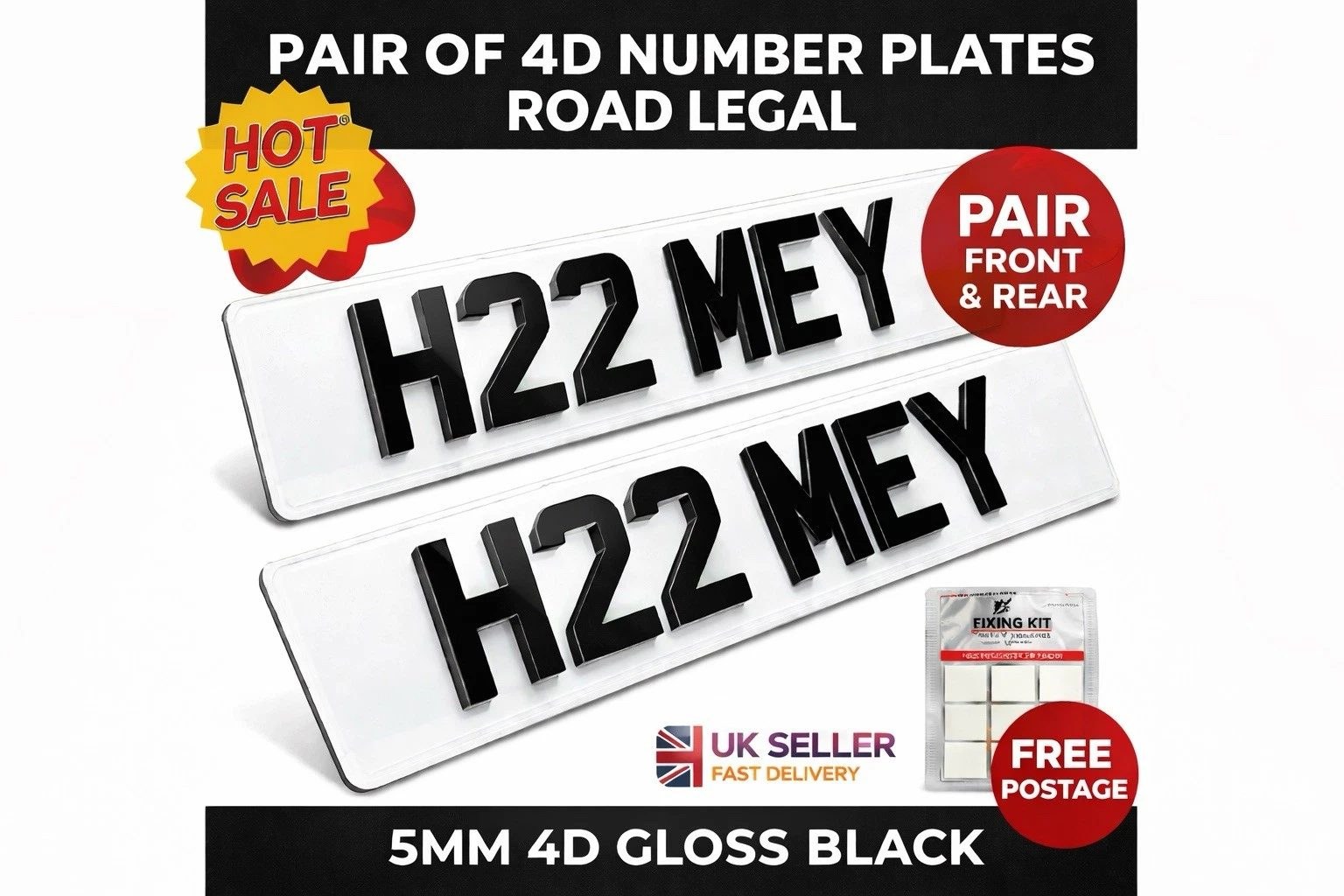 PAIR OF 4D NUMBER PLATES ROAD LEGAL FRONT & REAR GLOSS BLACK UK @HOT SALE@